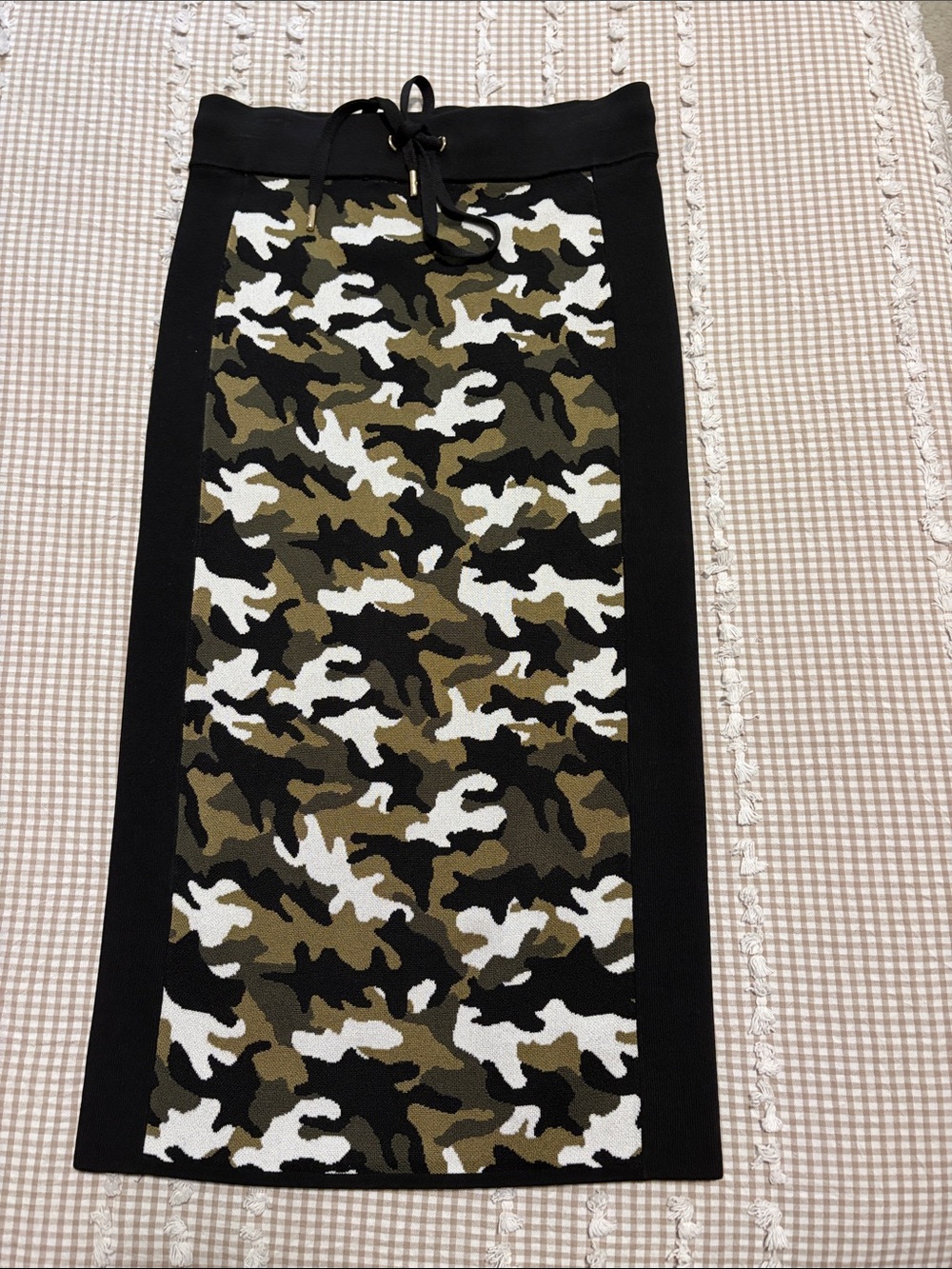 Michael Kors Olive Green Black White Camo Midi Skirt